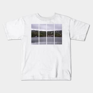 Wonderful landscapes in Norway. Vestland. Beautiful scenery of houses with grass roof. Norwegian traditional architecture Mountains, trees and snow in background. Cloudy day Kids T-Shirt